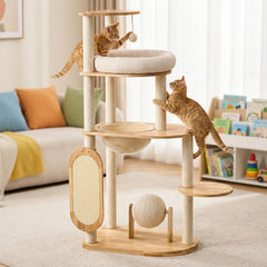 Solid rubber wooden cat climbing frame with grab bar, easy to clean, suitable for multiple large cats