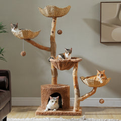 Large cat tree tower with sisal grabbing column, willow basket bed, flower cat apartment