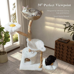 Large cat tree tower with sisal grabbing column, willow basket bed, flower cat apartment
