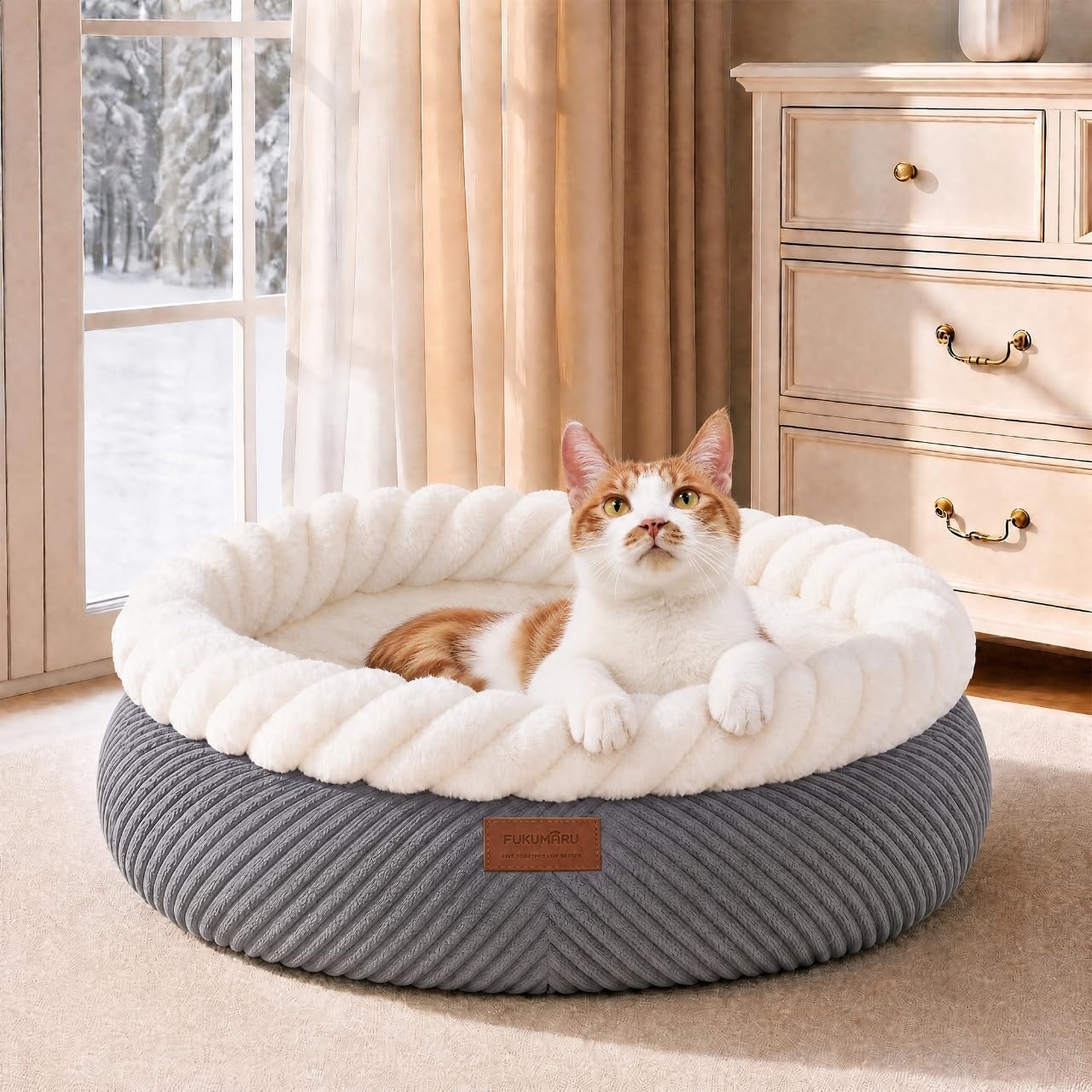 Cat bed, soothing donut cat bed, plush faux fur and corduroy kitten bed