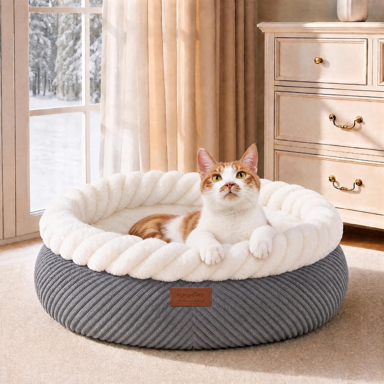 Cat bed, soothing donut cat bed, plush faux fur and corduroy kitten bed