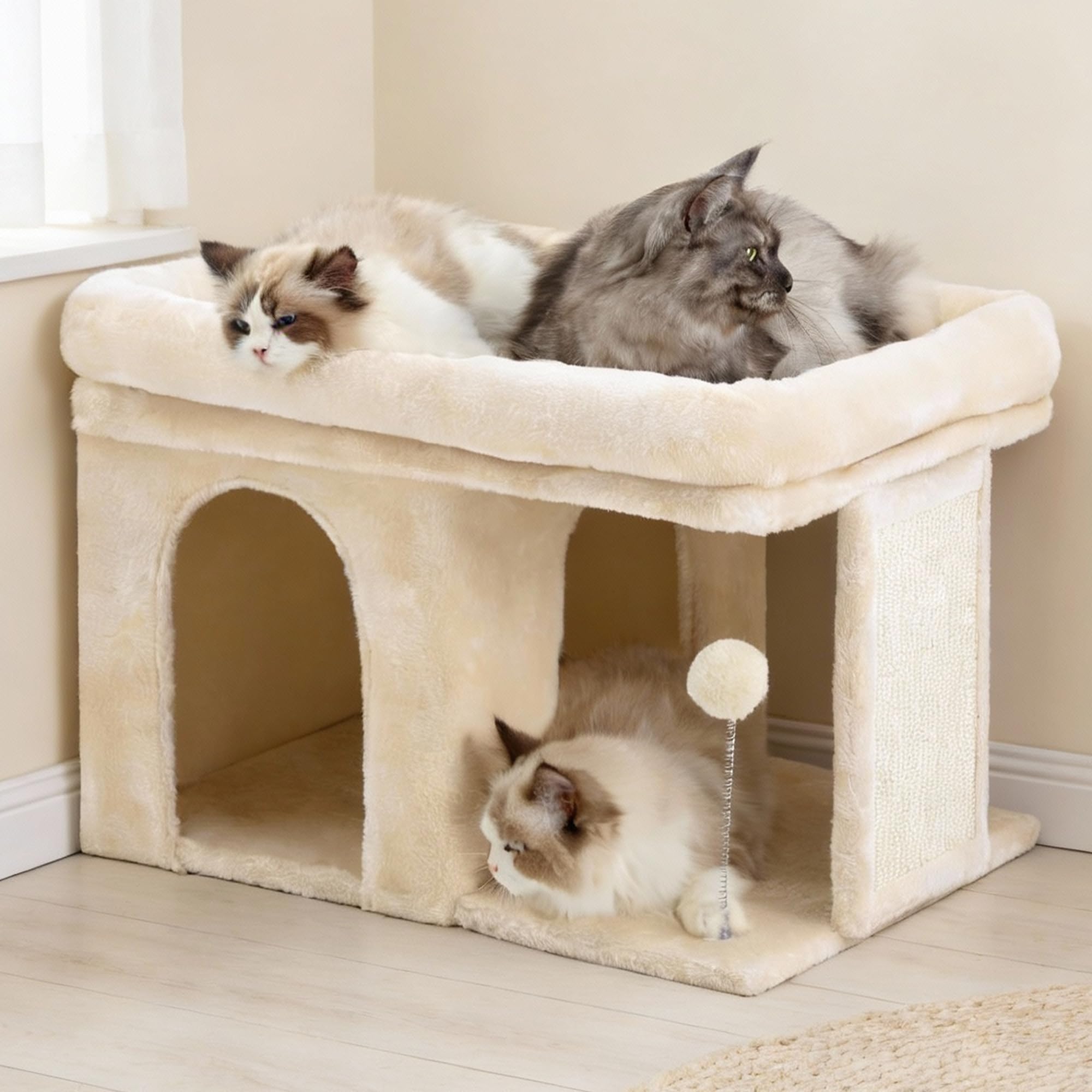 Cat tree, 14 inch cat tower, with large bed and indoor cat, large adult cat apartment, cat house, with scratching post and interactive spring ball, smoked gray