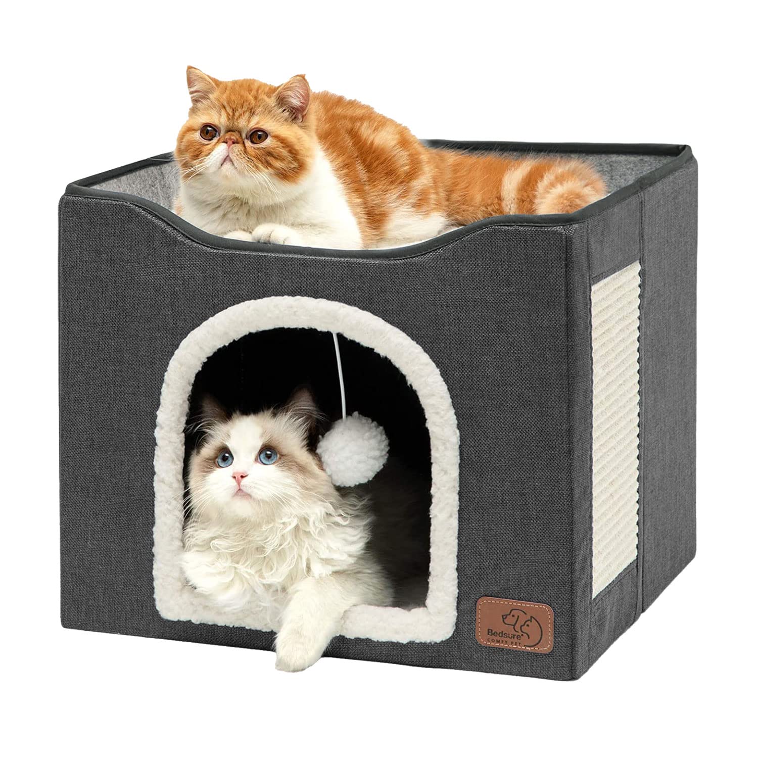 Cat house bed, suitable for indoor cats, equipped with fluffy balls and scratch pads, gray | 16.5x16.5x13 inches