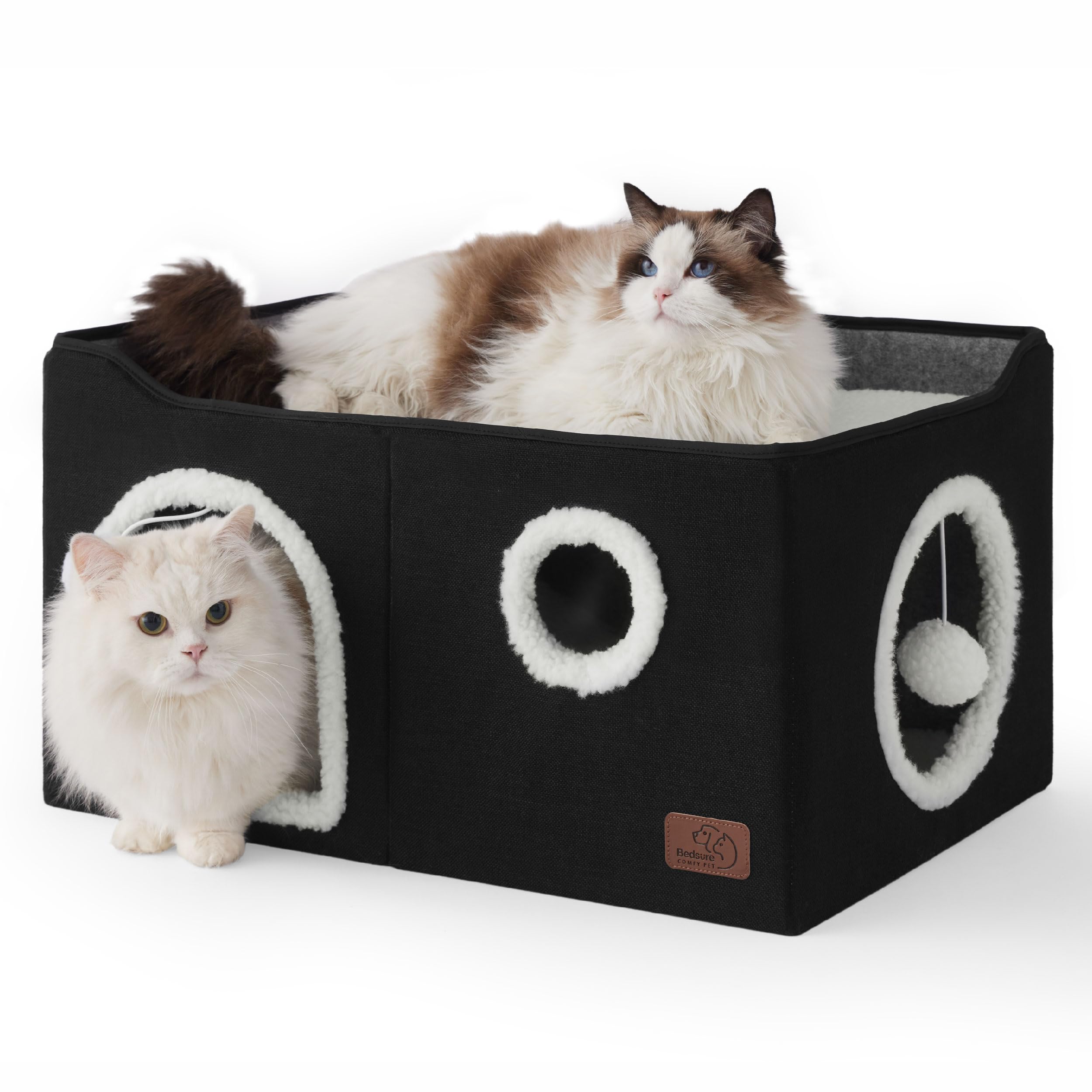 Cat house bed, suitable for indoor cats, equipped with fluffy balls and scratch pads, gray | 16.5x16.5x13 inches