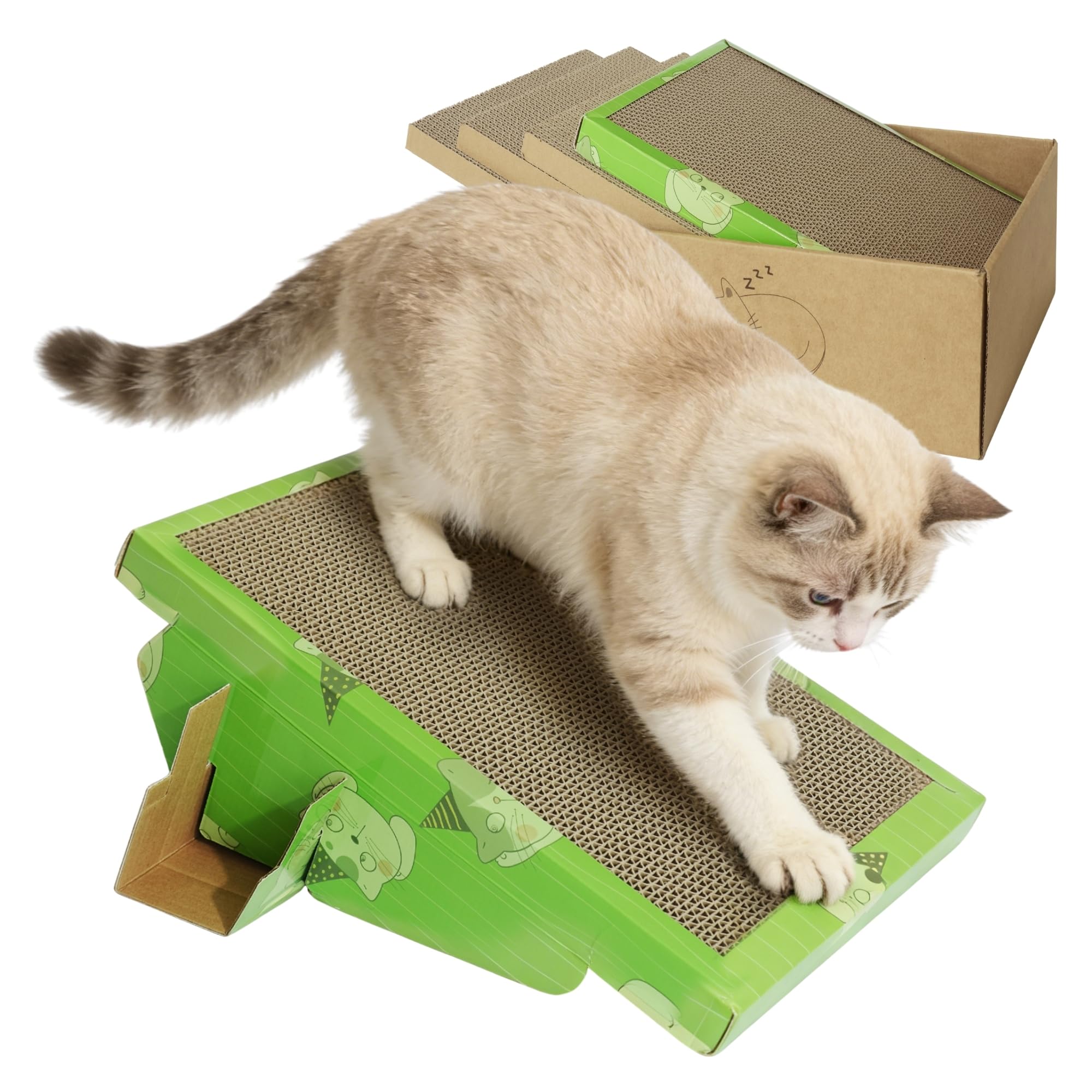 3-piece cardboard cat catcher with box, reversible slope grass catching mat