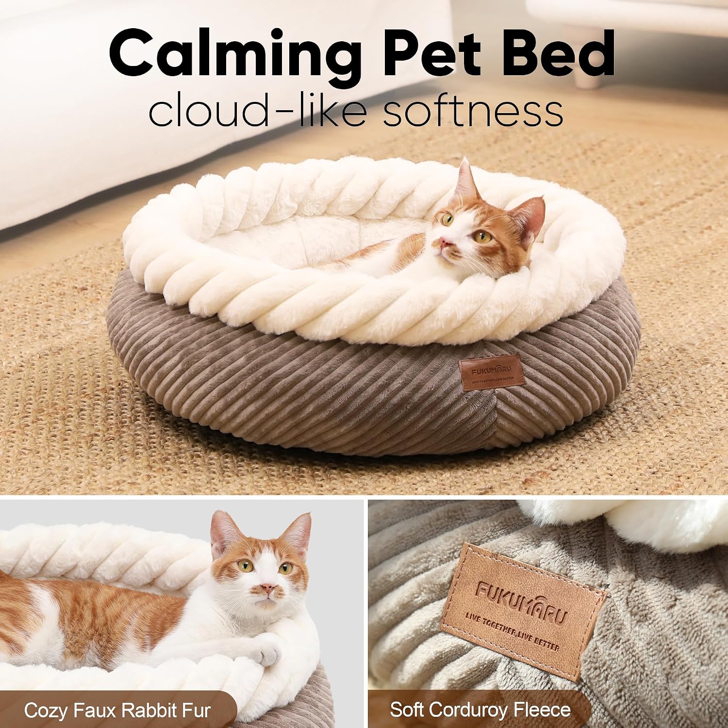 Cat bed, soothing donut cat bed, plush faux fur and corduroy kitten bed
