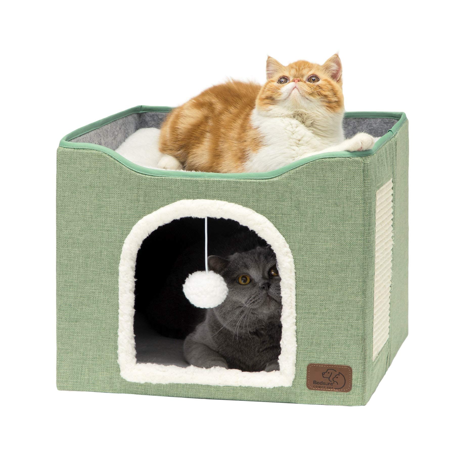 Cat house bed, suitable for indoor cats, equipped with fluffy balls and scratch pads, gray | 16.5x16.5x13 inches