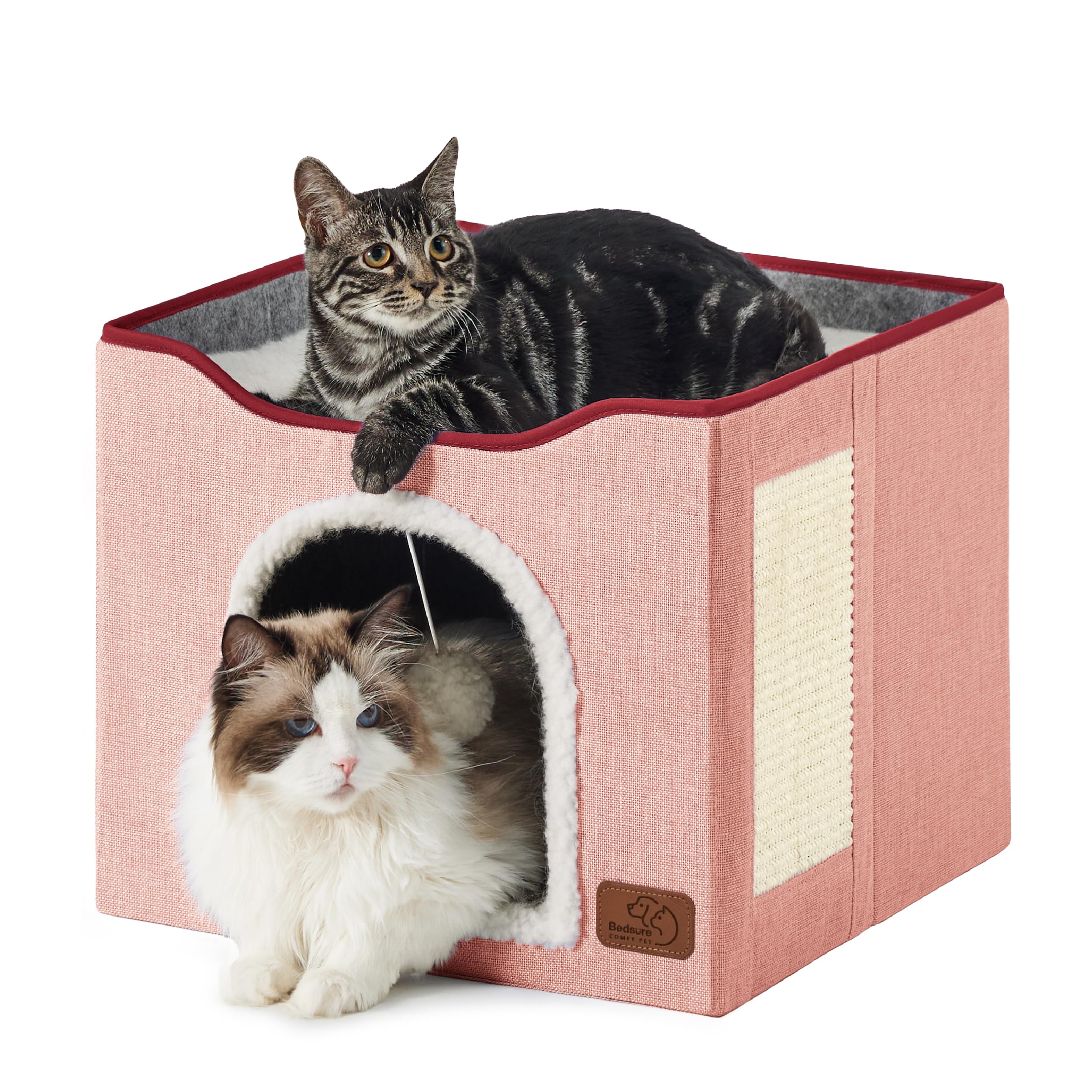 Cat house bed, suitable for indoor cats, equipped with fluffy balls and scratch pads, gray | 16.5x16.5x13 inches