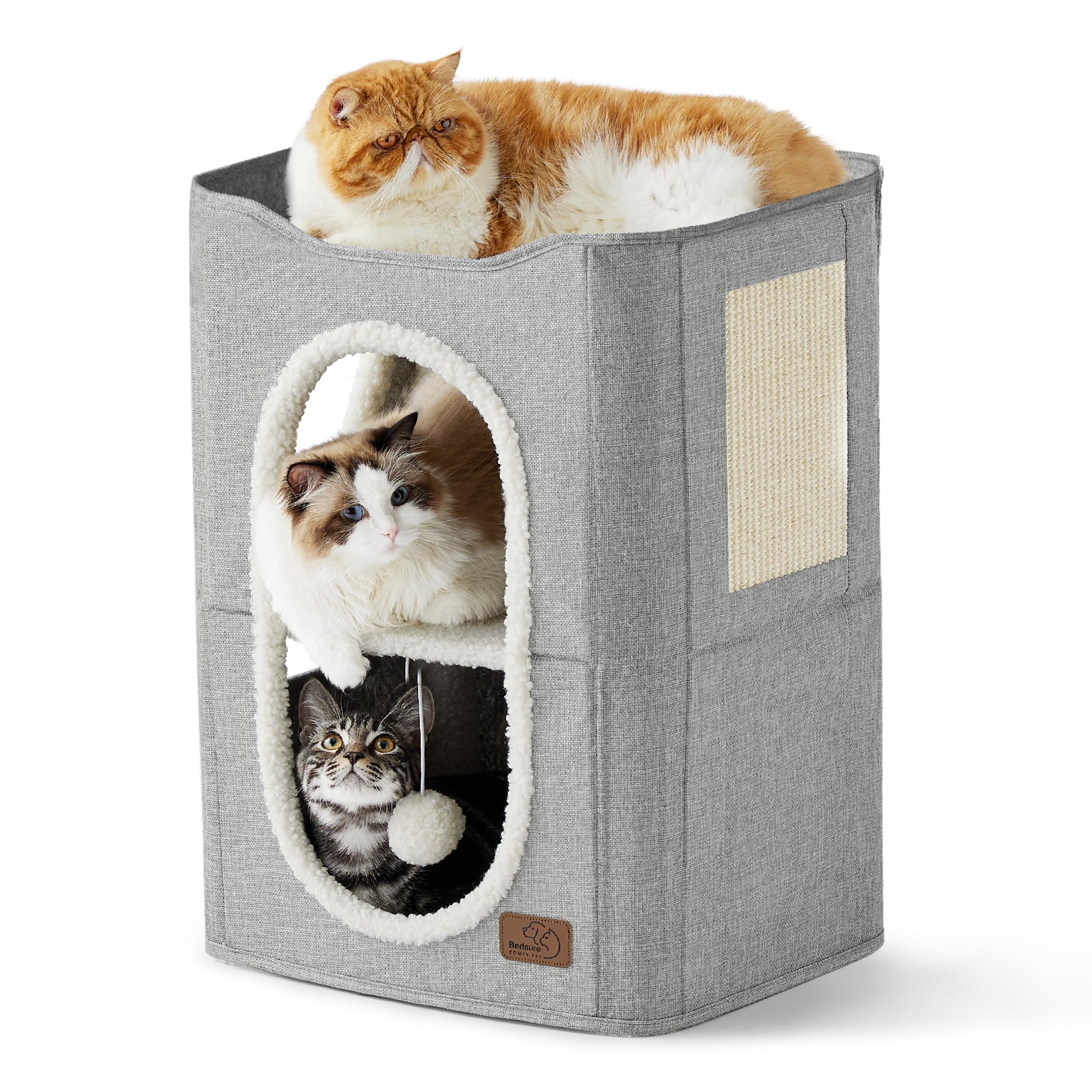 Cat house bed, suitable for indoor cats, equipped with fluffy balls and scratch pads, gray | 16.5x16.5x13 inches