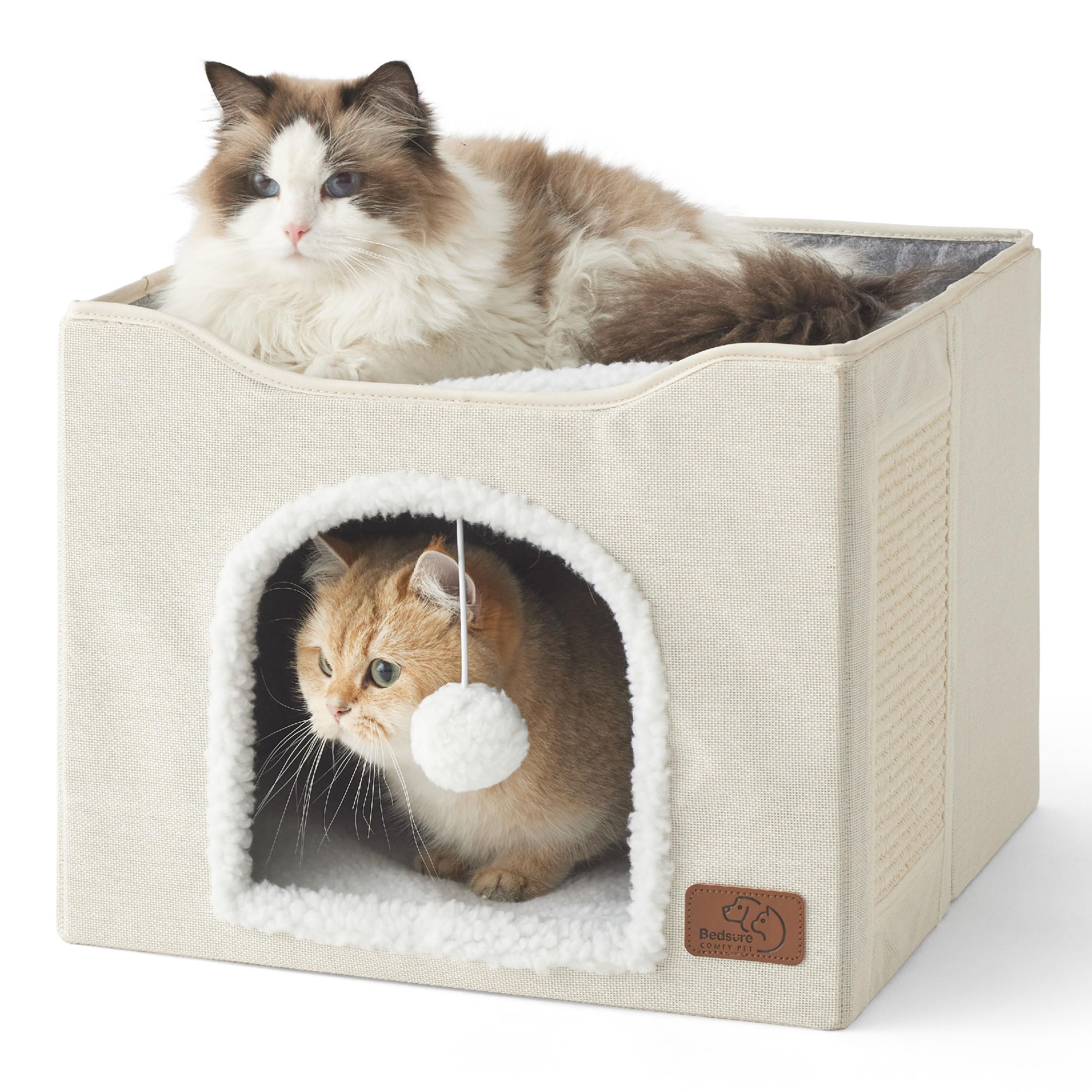 Cat house bed, suitable for indoor cats, equipped with fluffy balls and scratch pads, gray | 16.5x16.5x13 inches