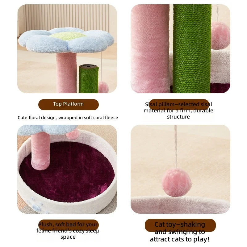 Cat Tree Small Space Saving, Cat Condo with Scratching Post, Flower Design Sisal Rope Climbing Frame for Kittens and Cats