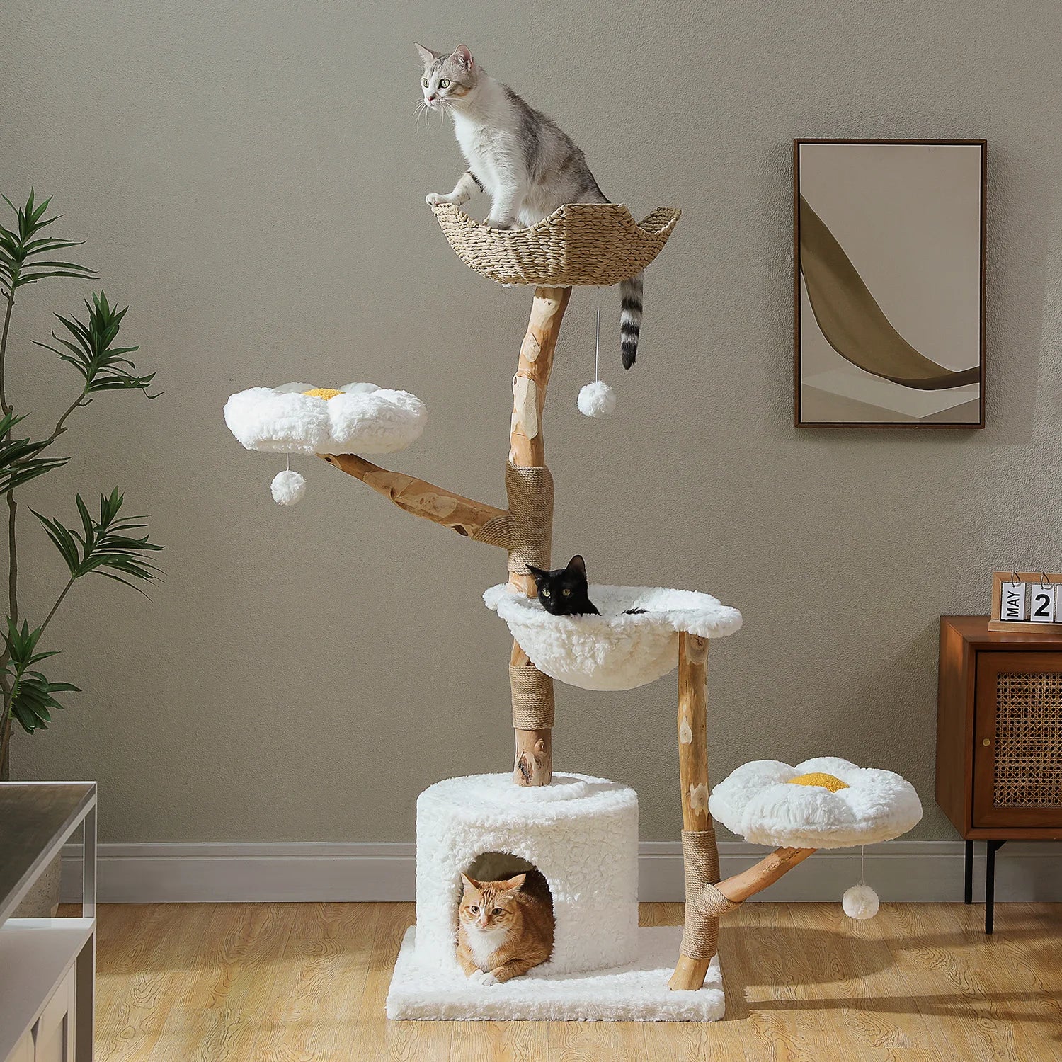 Large cat tree tower with sisal grabbing column, willow basket bed, flower cat apartment
