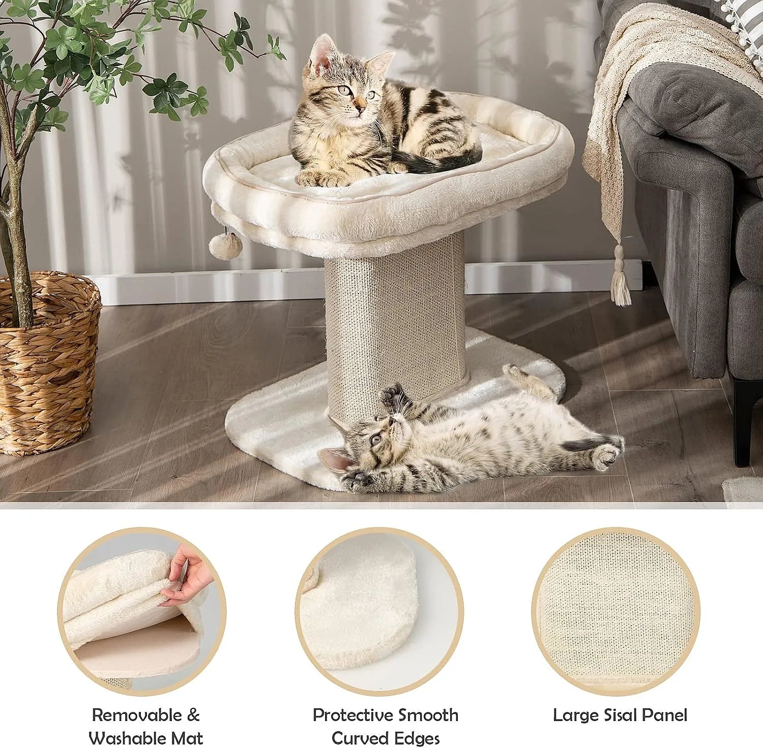19.5-inch cat tree with 2 layers of minimalist style, paired with a sisal grab bar and comfortable bass, suitable for indoor cat beige