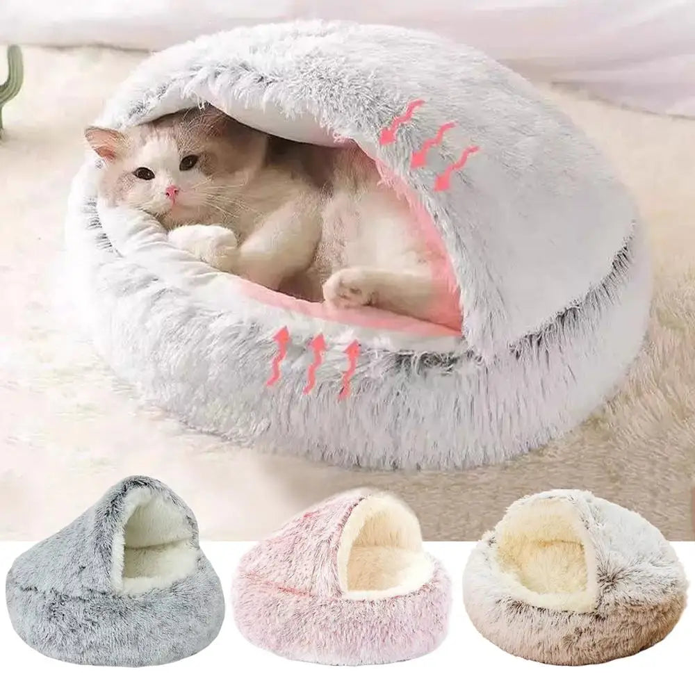 2-in-1 soft plush pet bed with lid, circular cat bed, pet mattress, warm cat bed