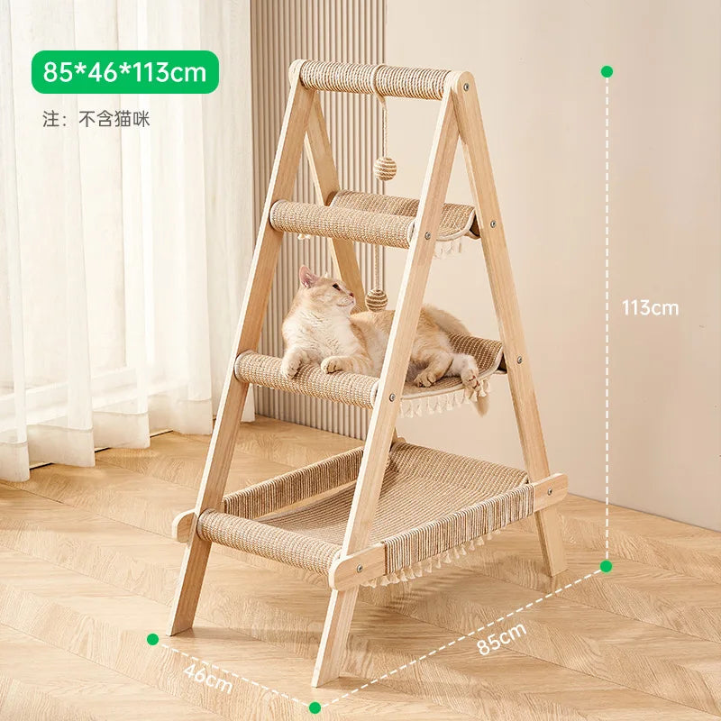 A tree house that can be used in all seasons, with a hammock and scratch column, a large cat tower, and durable cat furniture indoors
