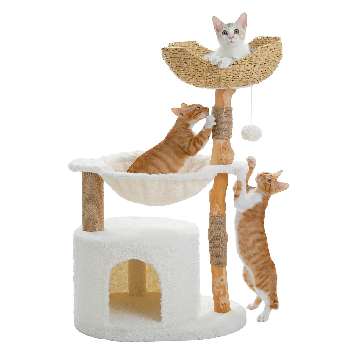 Modern cat tree with large wicker basket and natural solid wood grab rod